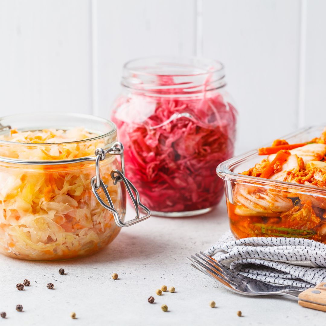 Bright fermented foods in different sized jard